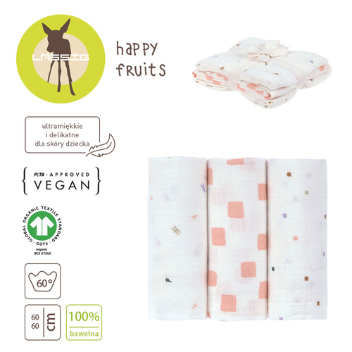 Lassig Muślinowy otulacz kocyk z bawełny organicznej 60x60cm zestaw 3 szt. Happy Fruits peach