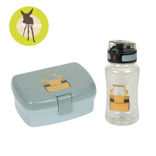 Lassig Zestaw na lunch Lunchbox + Tritanowa butelka - bidon 460 ml Tiny Drivers Spychacz