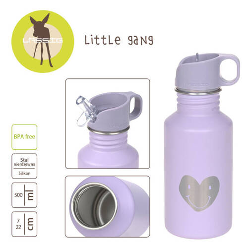 Lassig Bidon ze stali nierdzewnej z ustnikiem i uchwytem 500 ml Little Gang Heart lilac