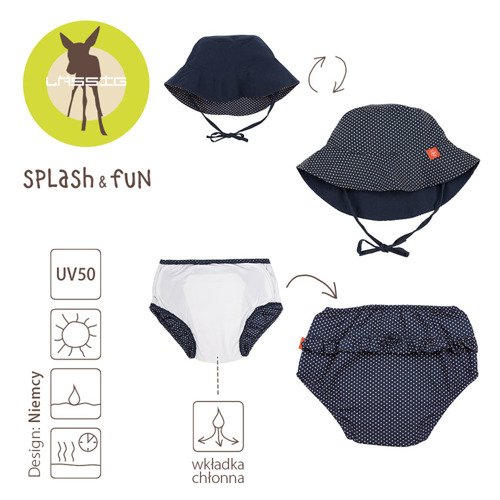 Lassig Zestaw kapelusz i majteczki do pływania z wkładką chłonną Polka Dots navy UV 50+