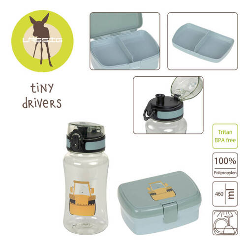 Lassig Zestaw na lunch Lunchbox + Tritanowa butelka - bidon 460 ml Tiny Drivers Spychacz