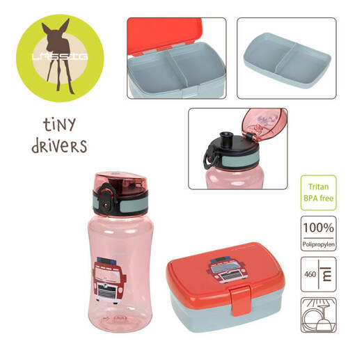 Lassig Zestaw na lunch Lunchbox + Tritanowa butelka - bidon 460 ml Tiny Drivers Wóz strażacki