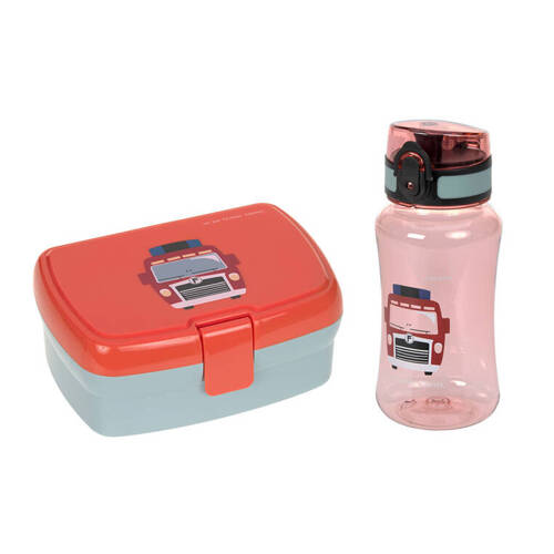 Lassig Zestaw na lunch Lunchbox + Tritanowa butelka - bidon 460 ml Tiny Drivers Wóz strażacki